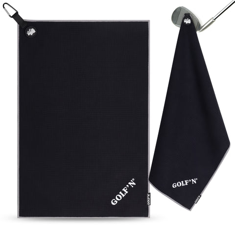 Golf'N Microfiber Towel - Magnetic Golf Towel Black 16" x 24" Golf Towels for Golf Bags with N52 Heavy Duty Magnets, Carabiner Clip & Cross Stitched Reinforced Loop, Premium Golf Accessories