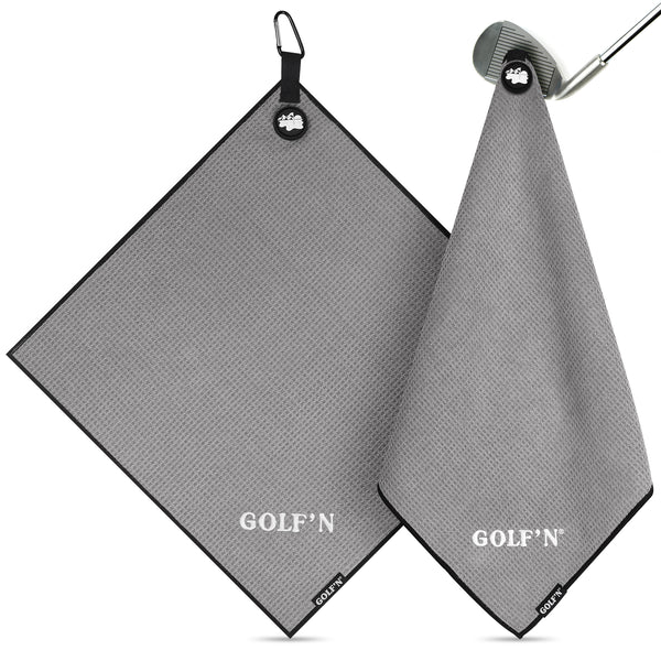 Golf'N Microfiber Towel - Magnetic Golf Towel Gray 18" x 18" Golf Towels for Golf Bags with N52 Heavy Duty Magnets, Carabiner Clip & Cross Stitched Reinforced Loop, Premium Golf Accessories