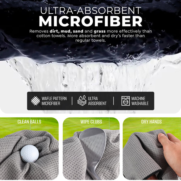 Golf'N Microfiber Towel - Magnetic Golf Towel Gray 16" x 24" Golf Towels for Golf Bags with N52 Heavy Duty Magnets, Carabiner Clip & Cross Stitched Reinforced Loop, Premium Golf Accessories