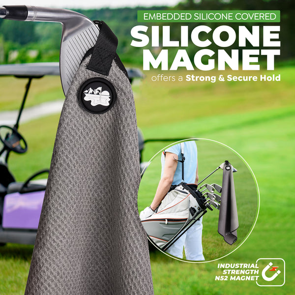 Golf'N Microfiber Towel - Magnetic Golf Towel Gray 16" x 24" Golf Towels for Golf Bags with N52 Heavy Duty Magnets, Carabiner Clip & Cross Stitched Reinforced Loop, Premium Golf Accessories