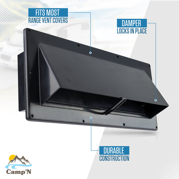Camp'N RV Camper Trailer Exterior Sidewall Range Hood Exhaust Vent Cover Locking Damper - Black