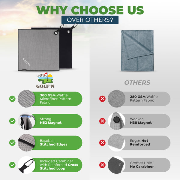 Golf'N Microfiber Towel - Magnetic Golf Towel Gray 16" x 24" Golf Towels for Golf Bags with N52 Heavy Duty Magnets, Carabiner Clip & Cross Stitched Reinforced Loop, Premium Golf Accessories