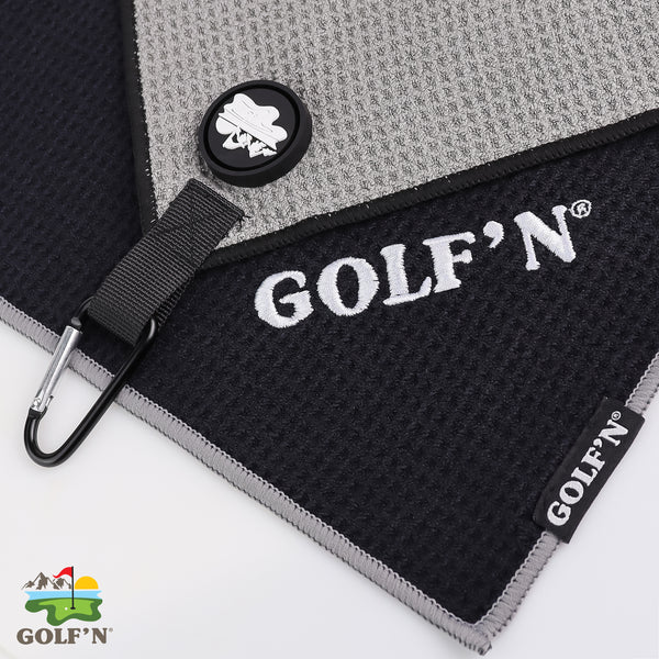 Golf'N Microfiber Towel - Magnetic Golf Towel Gray 16" x 24" Golf Towels for Golf Bags with N52 Heavy Duty Magnets, Carabiner Clip & Cross Stitched Reinforced Loop, Premium Golf Accessories