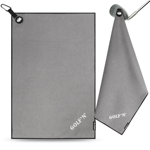 Golf'N Microfiber Towel - Magnetic Golf Towel Gray 16" x 24" Golf Towels for Golf Bags with N52 Heavy Duty Magnets, Carabiner Clip & Cross Stitched Reinforced Loop, Premium Golf Accessories