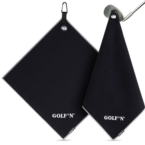 Golf'N Microfiber Towel - Magnetic Golf Towel Black 18" x 18" Golf Towels for Golf Bags with N52 Heavy Duty Magnets, Carabiner Clip & Cross Stitched Reinforced Loop, Premium Golf Accessories