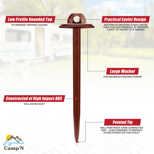 Camp'N RV Camping Mat Rug Stakes (8 Pack) Outdoor Stakes - Plastic Camping Spikes with Rope Hole - Outdoor Rug Stakes, RV Rug Stakes