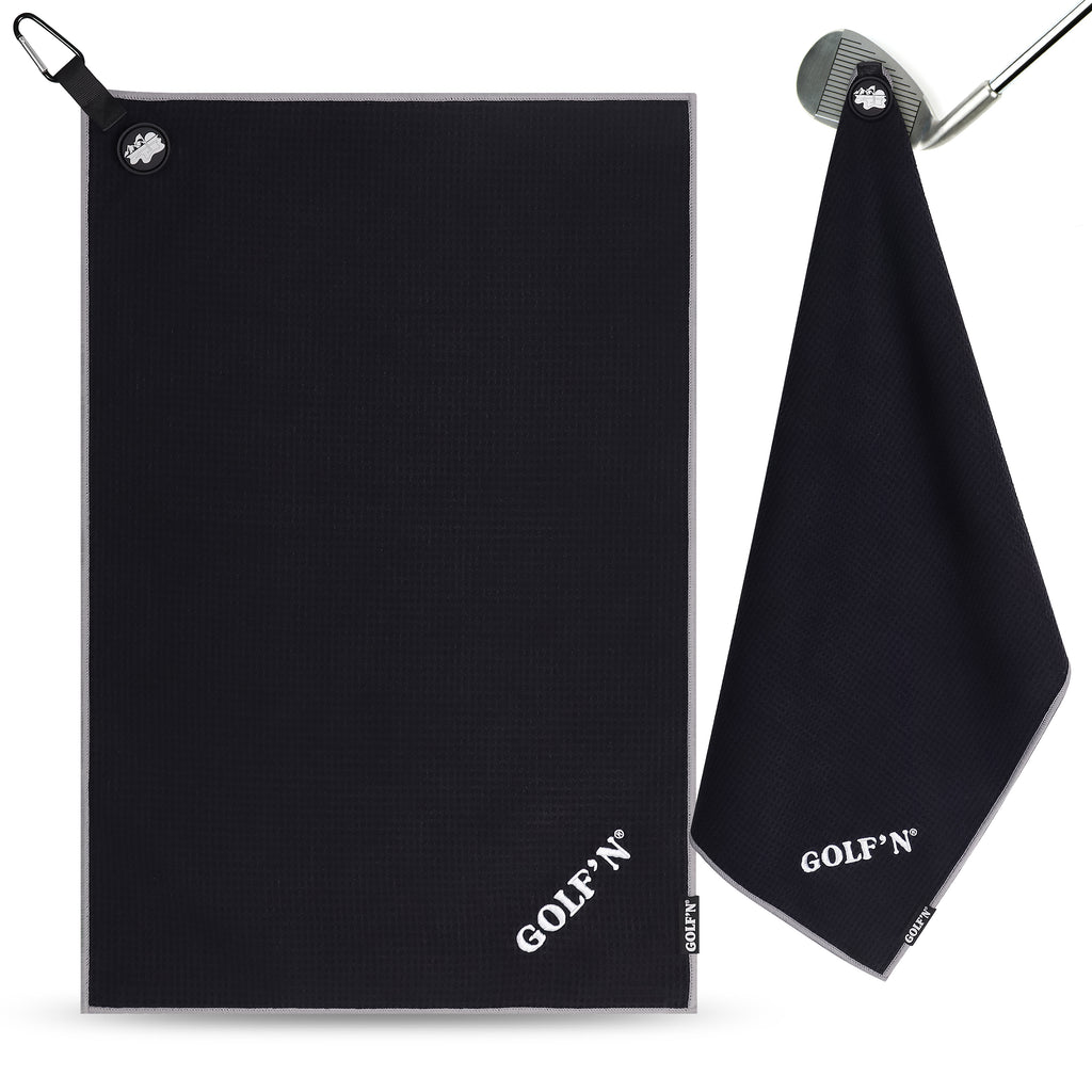 Golf'N Microfiber Towel - Magnetic Golf Towel Black 16" x 24" Golf Towels for Golf Bags with N52 Heavy Duty Magnets, Carabiner Clip & Cross Stitched Reinforced Loop, Premium Golf Accessories