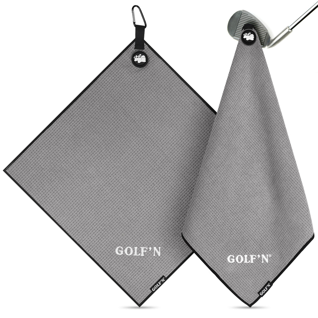 Golf'N Microfiber Towel - Magnetic Golf Towel Gray 18" x 18" Golf Towels for Golf Bags with N52 Heavy Duty Magnets, Carabiner Clip & Cross Stitched Reinforced Loop, Premium Golf Accessories