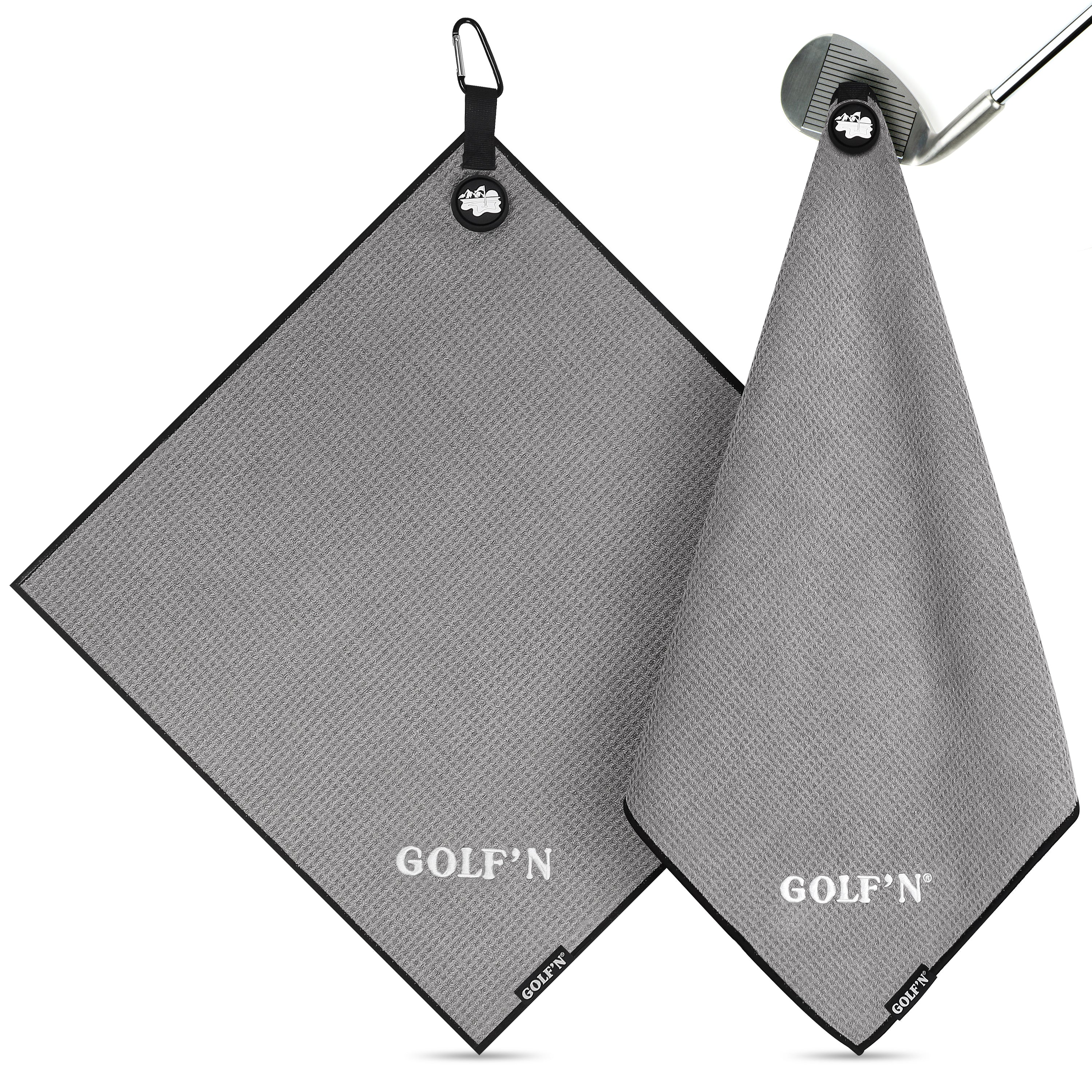 Golf'N Microfiber Towel - Magnetic Golf Towel Gray 18" x 18" Golf Towels for Golf Bags with N52 Heavy Duty Magnets, Carabiner Clip & Cross Stitched Reinforced Loop, Premium Golf Accessories