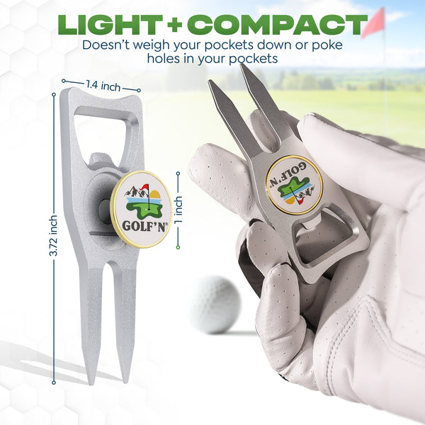 Golf'N Aluminum Golf Ball Marker Divot Repair Tool - Magnetic Ball Marker, Groove Cleaner & Bottle Opener - Essential Golf Divot Tool for Golfers, Sleek Design