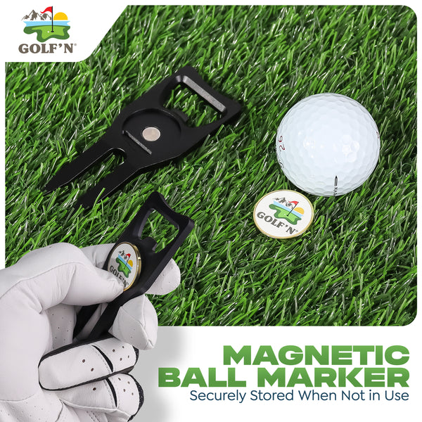 Golf'N Aluminum Golf Ball Marker Divot Repair Tool - Magnetic Ball Marker, Groove Cleaner & Bottle Opener - Essential Golf Divot Tool for Golfers, Sleek Design