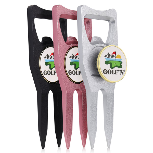 Golf'N Aluminum Golf Ball Marker Divot Repair Tool - Magnetic Ball Marker, Groove Cleaner & Bottle Opener - Essential Golf Divot Tool for Golfers, Sleek Design