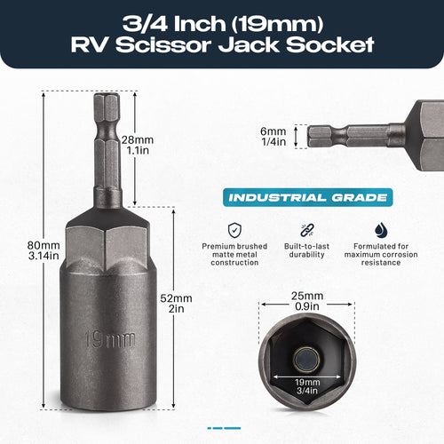 2 Pack Leveling Scissor RV Jack Socket, Universal Drill Adapter with 1/4in Quick Connect Hex Shank, Compatible with 3/4in(19mm) Hex Drive Jacks, Power Nut Driver Bit Set