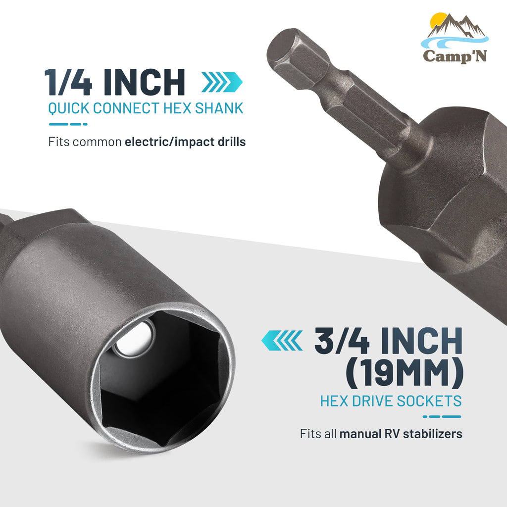 2 Pack Leveling Scissor RV Jack Socket, Universal Drill Adapter with 1/4in Quick Connect Hex Shank, Compatible with 3/4in(19mm) Hex Drive Jacks, Power Nut Driver Bit Set