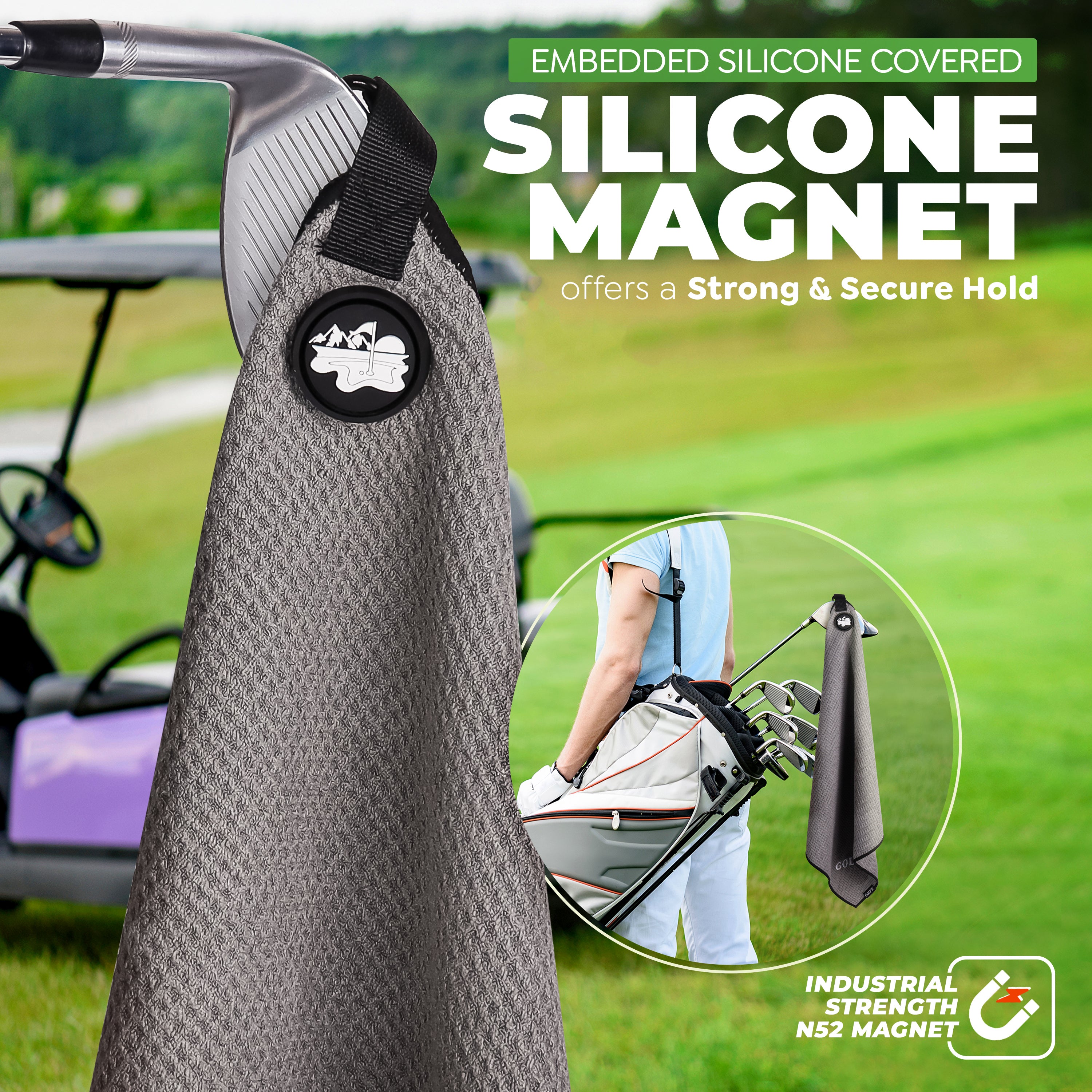 Golf'N Microfiber Towel - Magnetic Golf Towel Black 16" x 24" Golf Towels for Golf Bags with N52 Heavy Duty Magnets, Carabiner Clip & Cross Stitched Reinforced Loop, Premium Golf Accessories