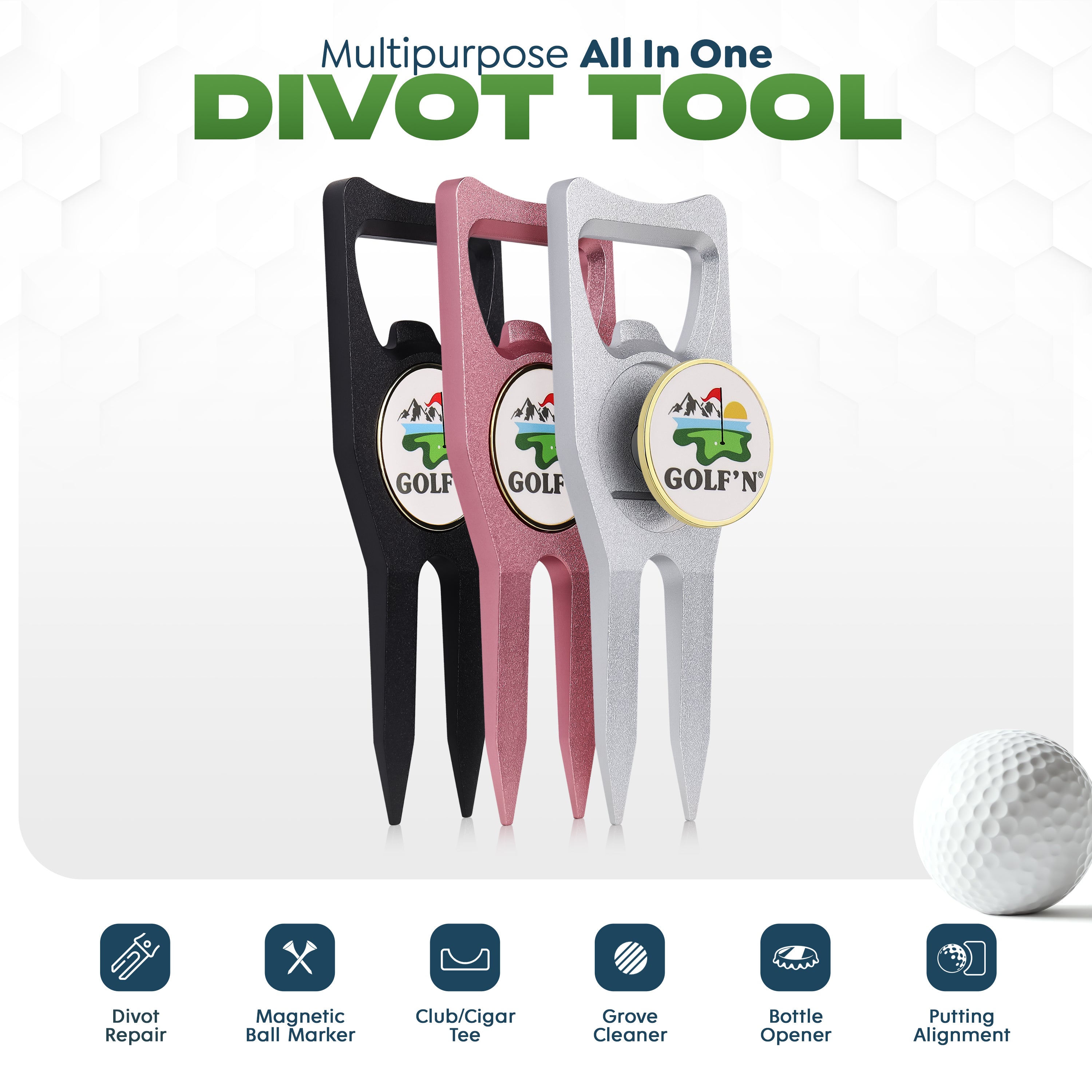 Golf'N Aluminum Golf Ball Marker Divot Repair Tool - Magnetic Ball Marker, Groove Cleaner & Bottle Opener - Essential Golf Divot Tool for Golfers, Sleek Design