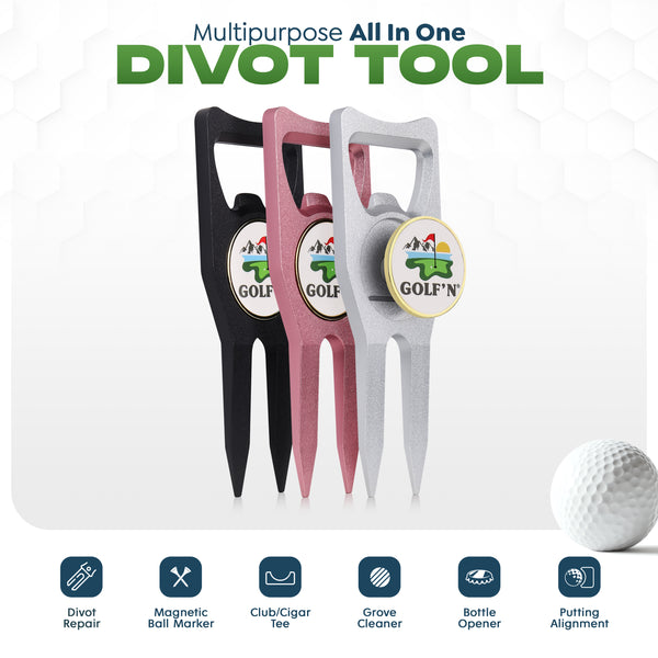 Golf'N Aluminum Golf Ball Marker Divot Repair Tool - Magnetic Ball Marker, Groove Cleaner & Bottle Opener - Essential Golf Divot Tool for Golfers, Sleek Design