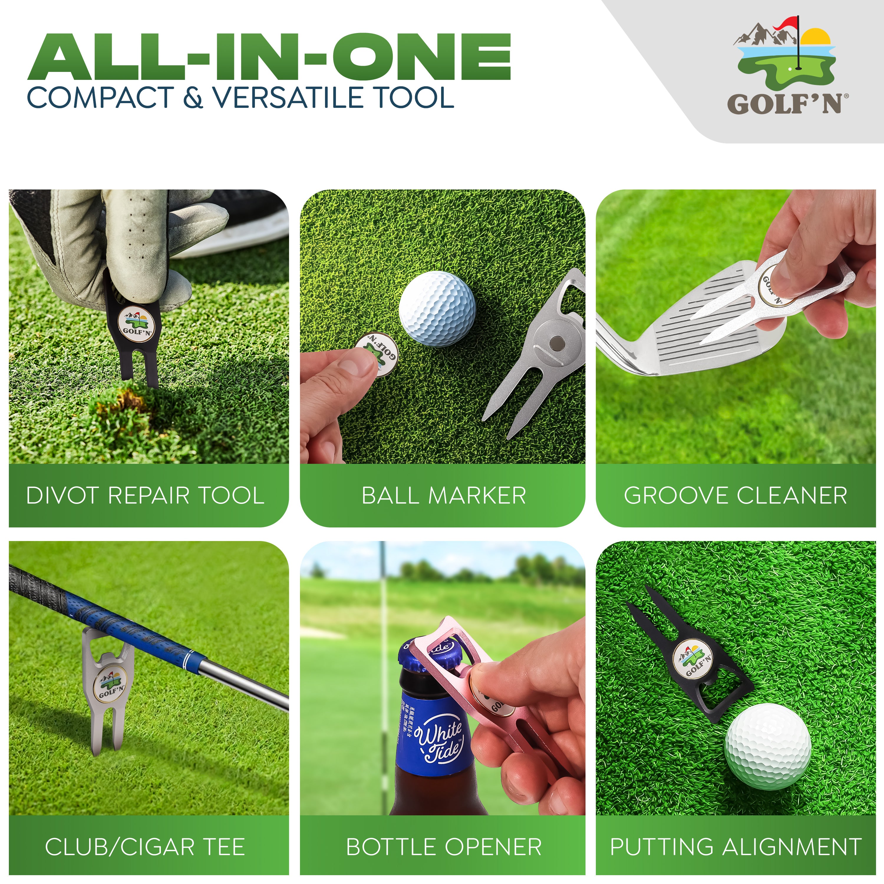 Golf'N Aluminum Golf Ball Marker Divot Repair Tool - Magnetic Ball Marker, Groove Cleaner & Bottle Opener - Essential Golf Divot Tool for Golfers, Sleek Design