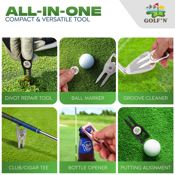 Golf'N Aluminum Golf Ball Marker Divot Repair Tool - Magnetic Ball Marker, Groove Cleaner & Bottle Opener - Essential Golf Divot Tool for Golfers, Sleek Design