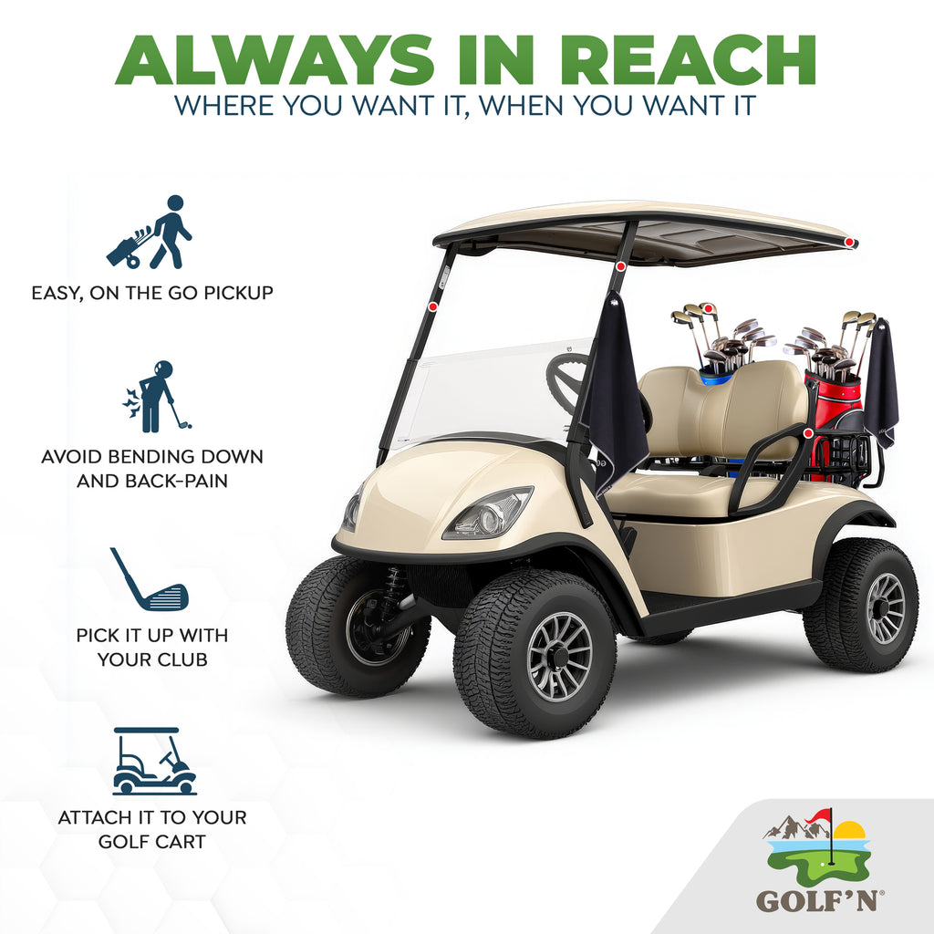 Golf'N Microfiber Towel - Magnetic Golf Towel Black 16" x 24" Golf Towels for Golf Bags with N52 Heavy Duty Magnets, Carabiner Clip & Cross Stitched Reinforced Loop, Premium Golf Accessories