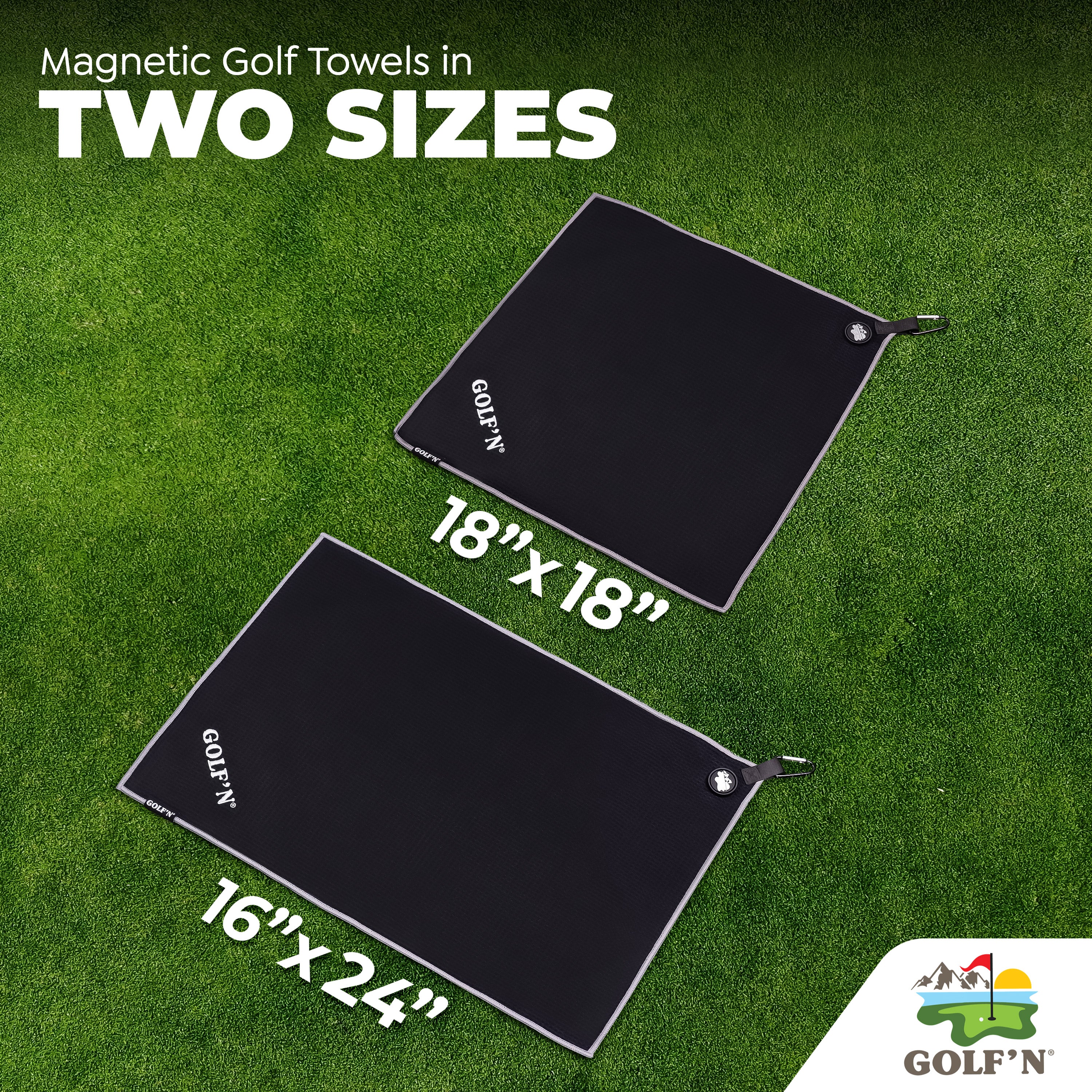 Golf'N Microfiber Towel - Magnetic Golf Towel Black 16" x 24" Golf Towels for Golf Bags with N52 Heavy Duty Magnets, Carabiner Clip & Cross Stitched Reinforced Loop, Premium Golf Accessories