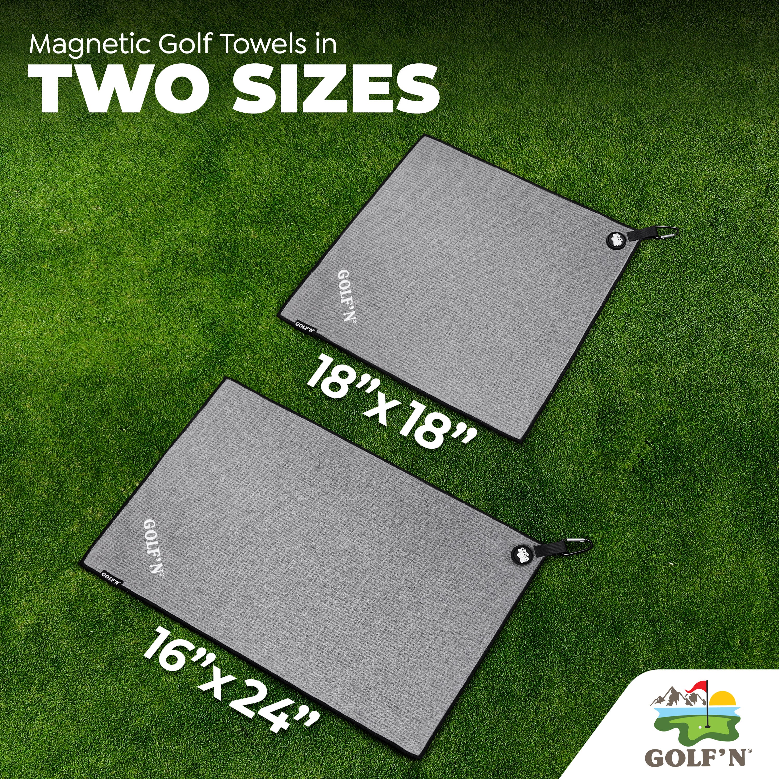 Golf'N Microfiber Towel - Magnetic Golf Towel Gray 18" x 18" Golf Towels for Golf Bags with N52 Heavy Duty Magnets, Carabiner Clip & Cross Stitched Reinforced Loop, Premium Golf Accessories