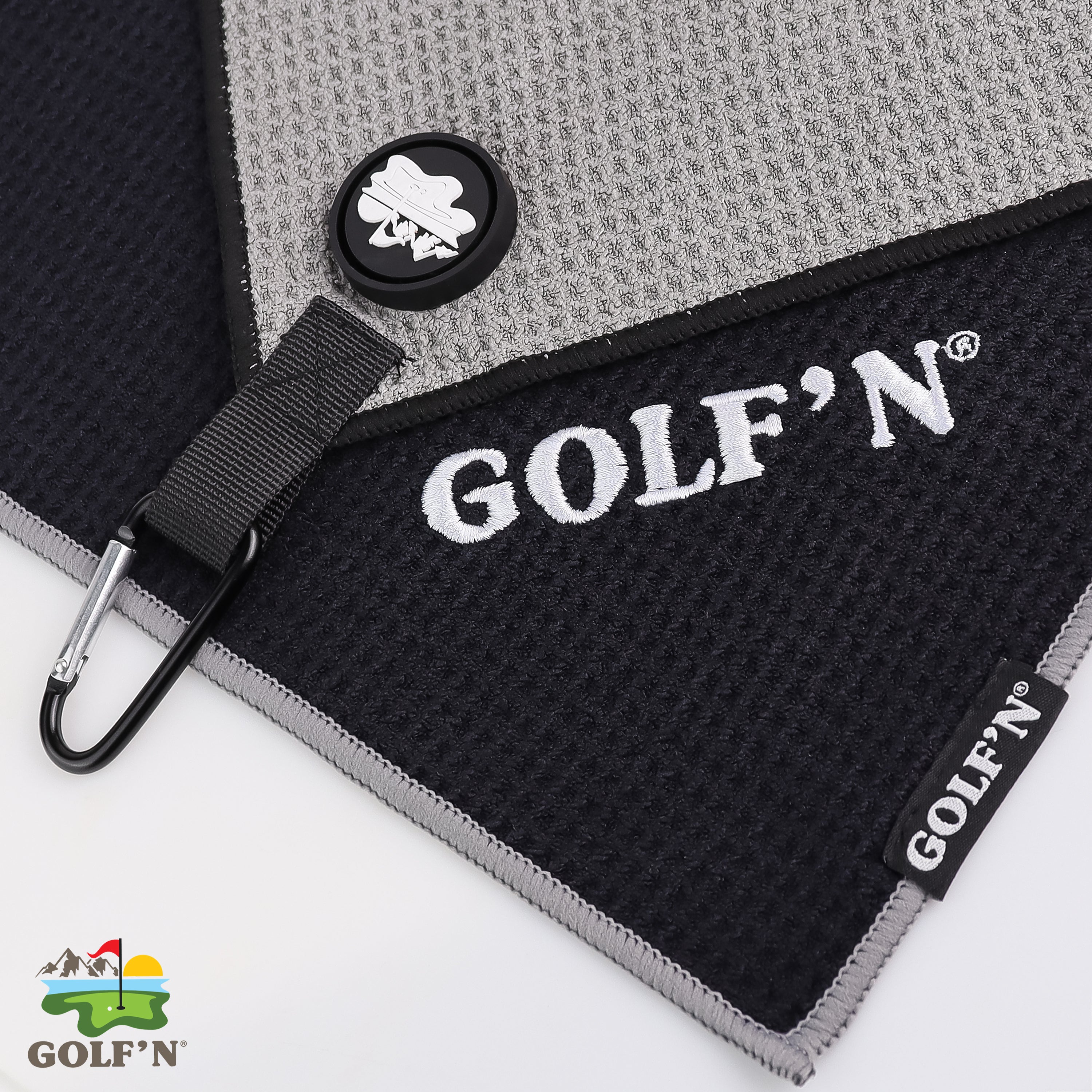 Golf'N Microfiber Towel - Magnetic Golf Towel Black 16" x 24" Golf Towels for Golf Bags with N52 Heavy Duty Magnets, Carabiner Clip & Cross Stitched Reinforced Loop, Premium Golf Accessories