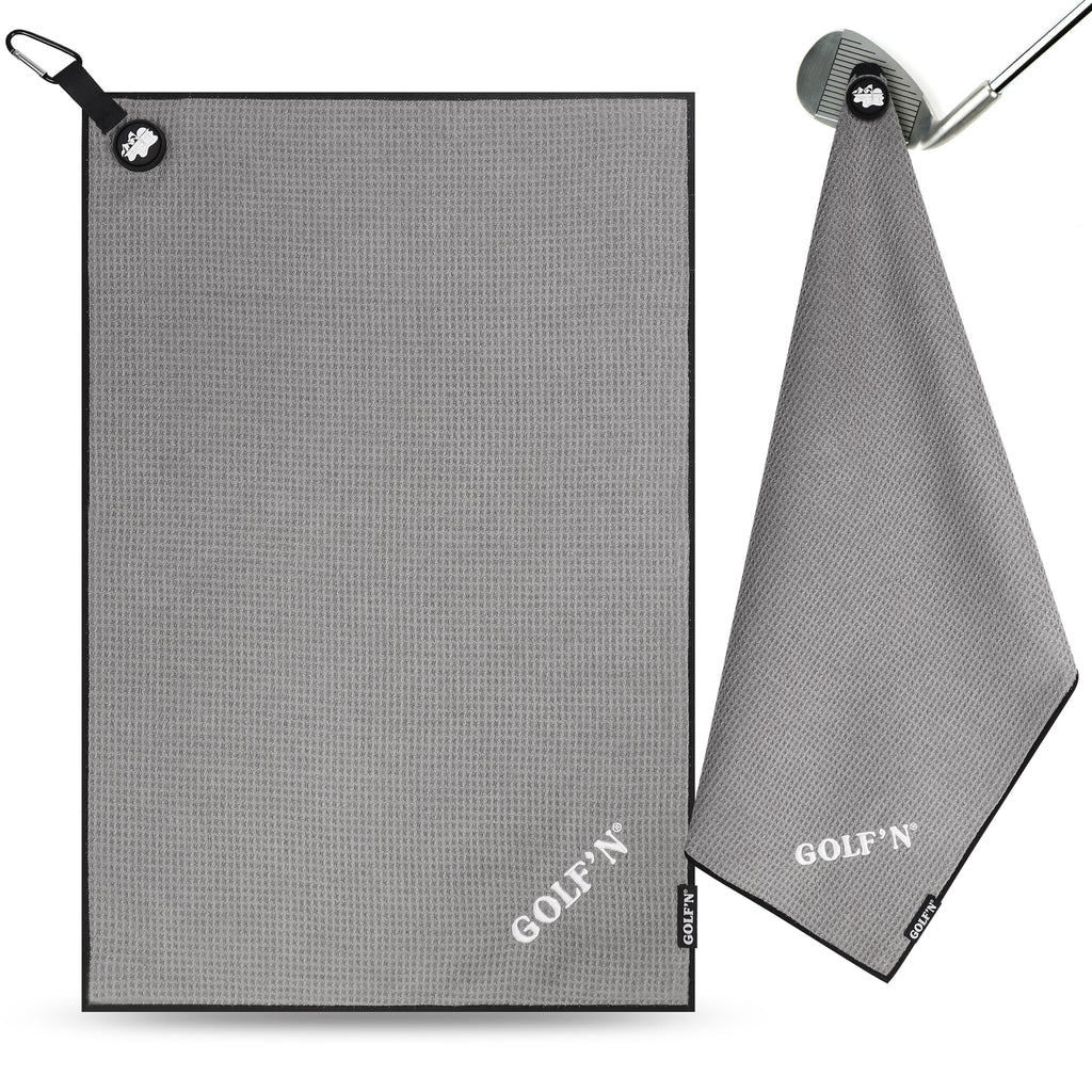 Golf'N Microfiber Towel - Magnetic Golf Towel Gray 16" x 24" Golf Towels for Golf Bags with N52 Heavy Duty Magnets, Carabiner Clip & Cross Stitched Reinforced Loop, Premium Golf Accessories