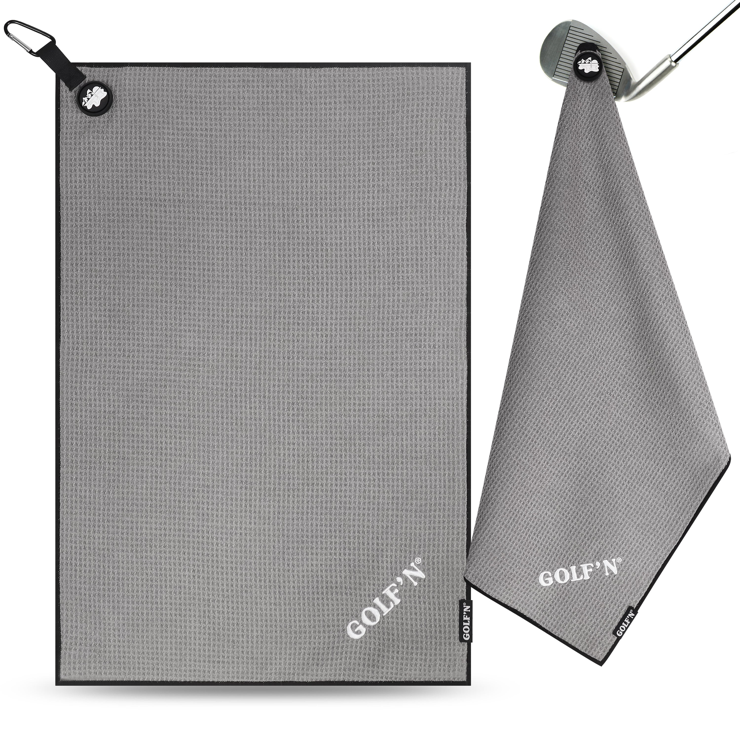 Golf'N Microfiber Towel - Magnetic Golf Towel Gray 16" x 24" Golf Towels for Golf Bags with N52 Heavy Duty Magnets, Carabiner Clip & Cross Stitched Reinforced Loop, Premium Golf Accessories