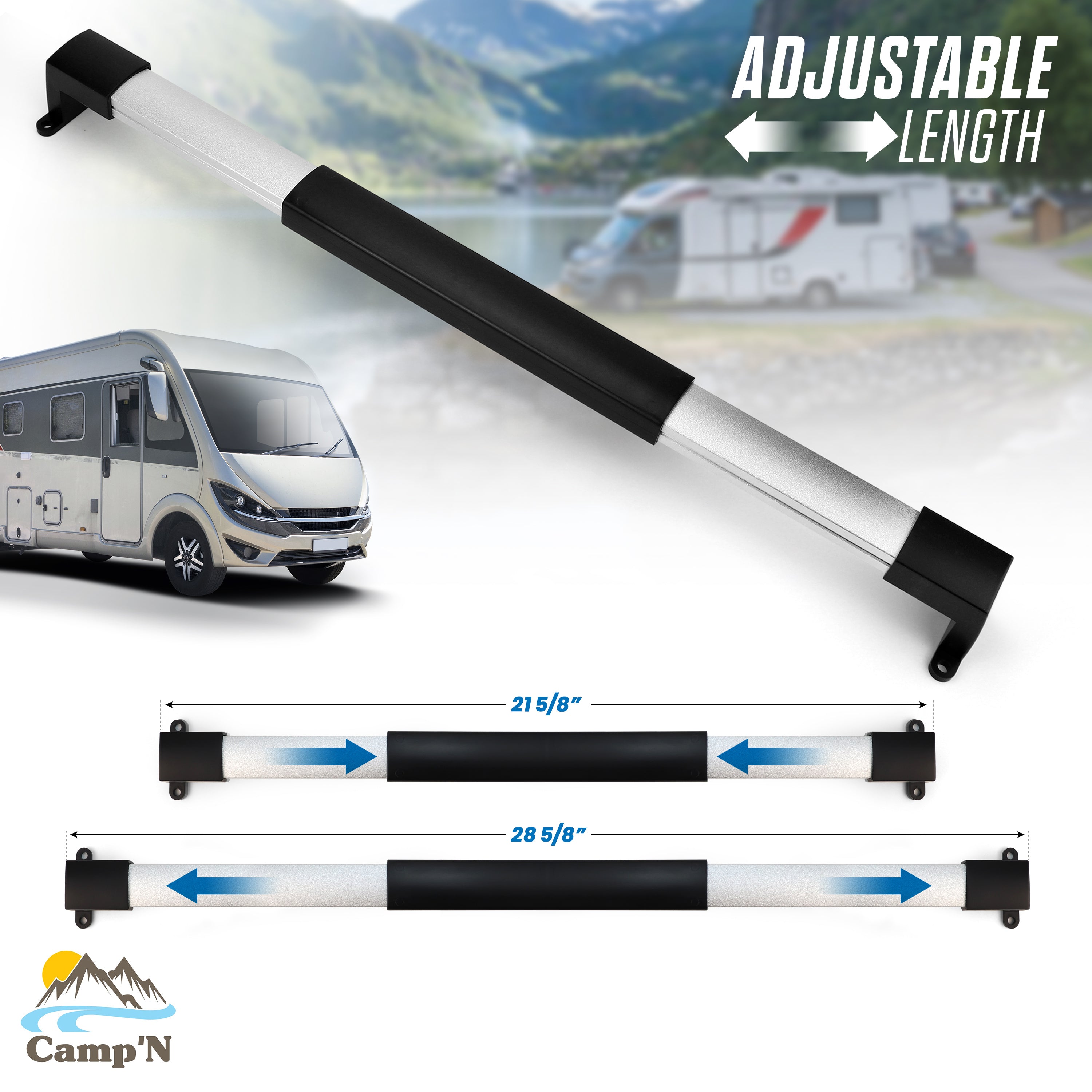 Camp'N RV Screen Door Crossbar - RV Screen Door Handle Grab Bar - RV Screen Door Handle, Adjustable Screen Door Push Bar from 21 5/8" to 28 5/8"
