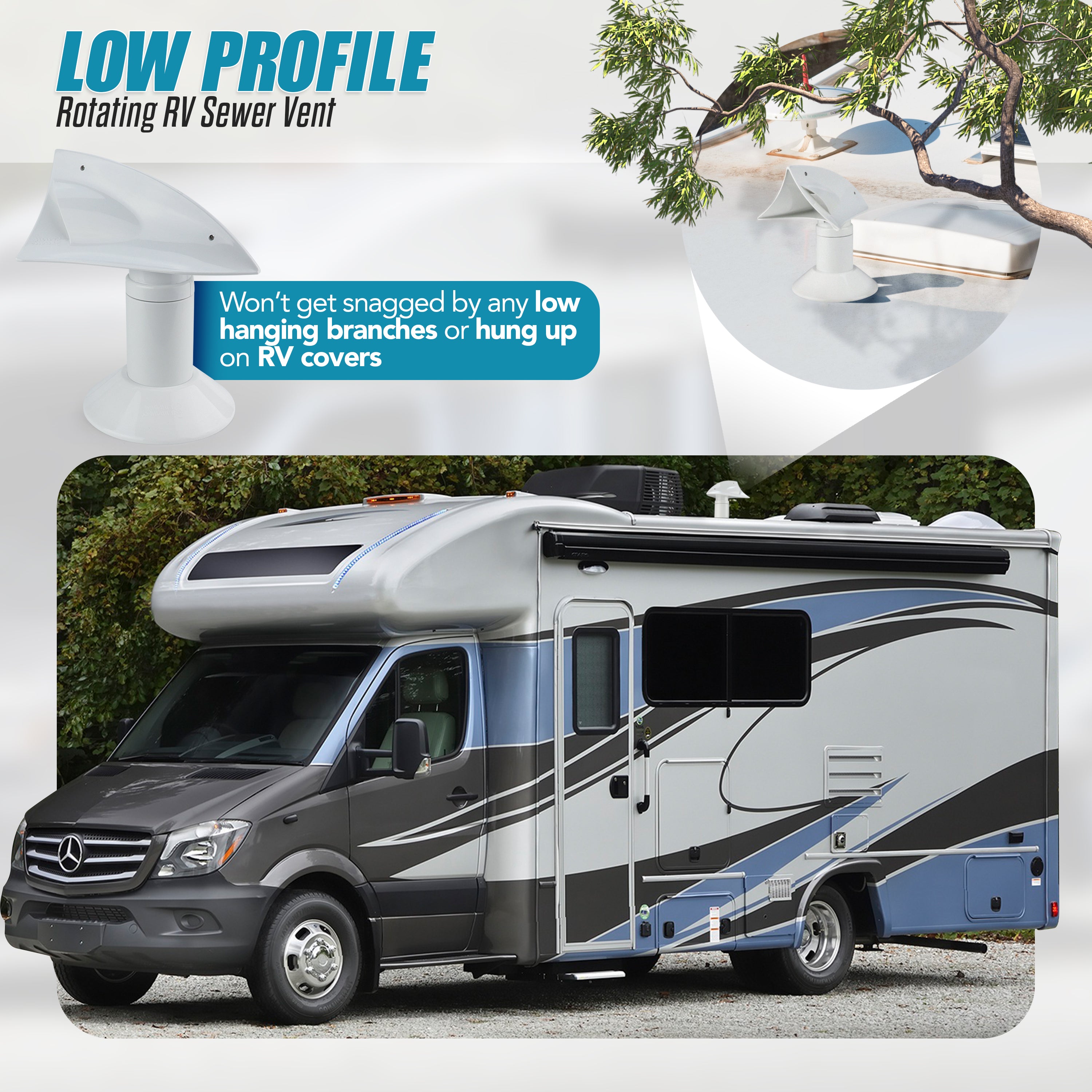 Stink Slink Universal Swiveling RV Sewer Black and Grey Holding Tank Plumbing Roof Vent Cap - White