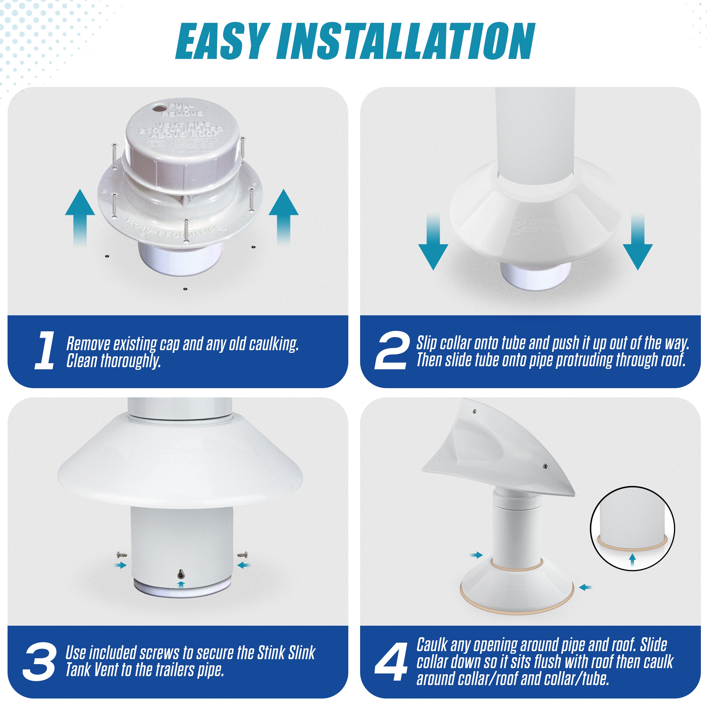 Stink Slink Universal Swiveling RV Sewer Black and Grey Holding Tank Plumbing Roof Vent Cap - White