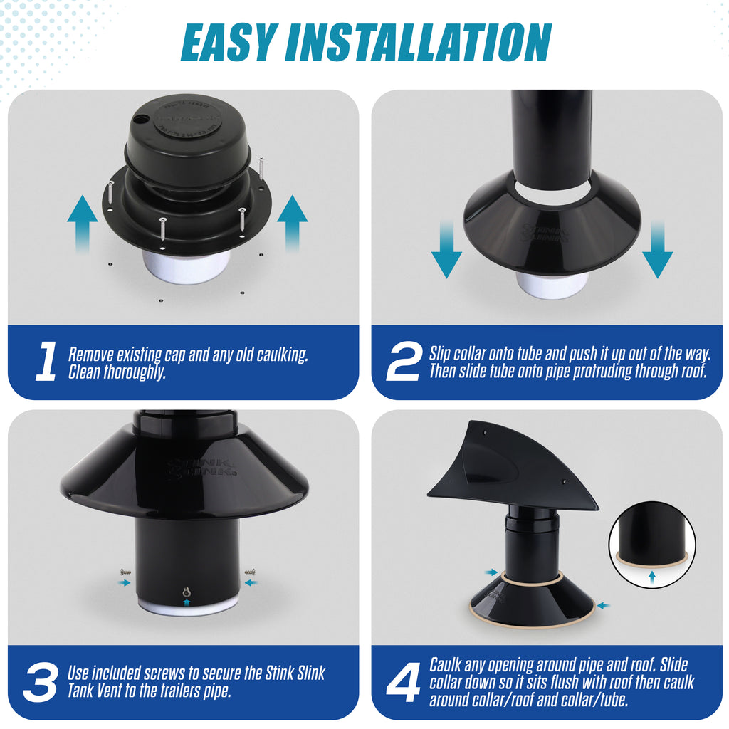 Stink Slink Universal Swiveling RV Sewer Black and Grey Holding Tank Plumbing Roof Vent Cap - Black