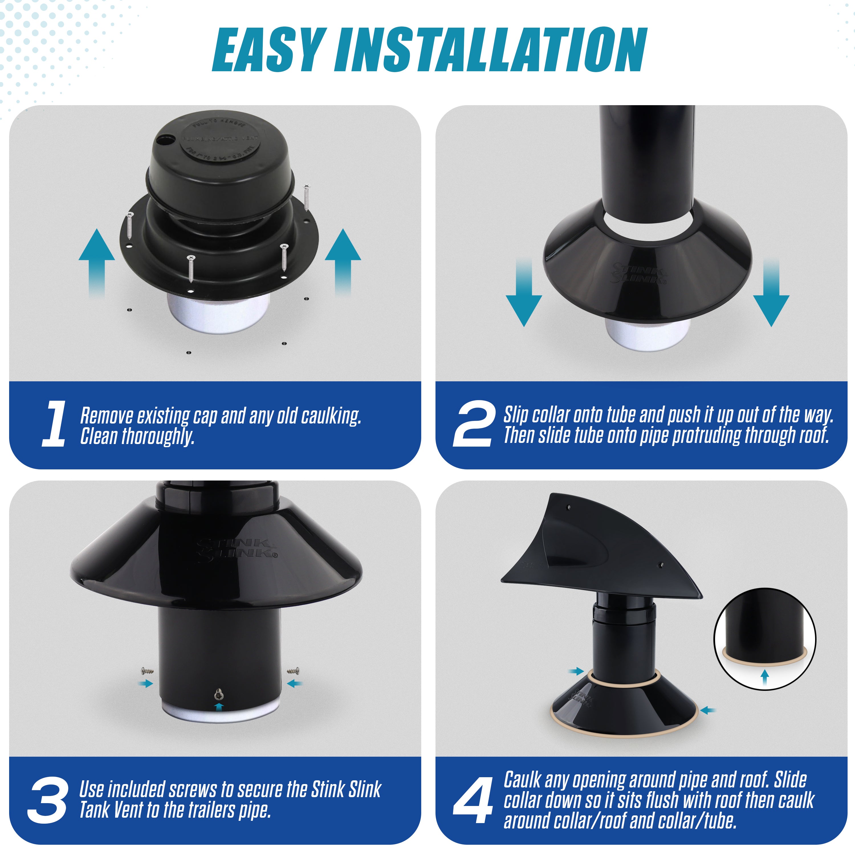 Stink Slink Universal Swiveling RV Sewer Black and Grey Holding Tank Plumbing Roof Vent Cap - Black